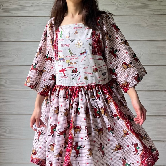 Western Rodeo | US Map | Handmade Bandana Dress SKU 05296 Red/Cowboy - Picture 2 of 16